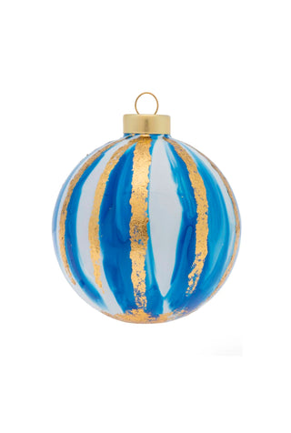 Marbled blue and white paint delicately coat this glass round, finished off with vertical gold foil stripes.