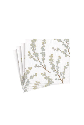 Berry Branches Paper Cocktail Napkins in White & Silver