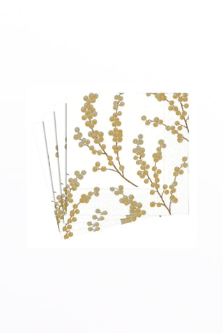 Berry Branches Paper Cocktail Napkins in White & Gold